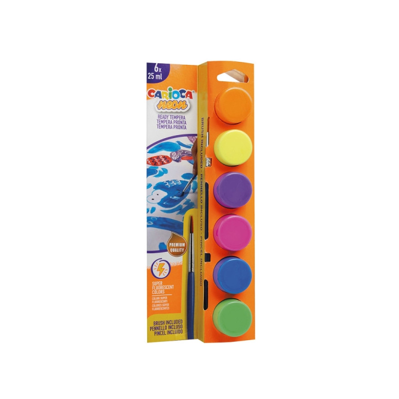 Carioca Neon Pack de 6 Temperas en Botes de 25ml + Pincel 