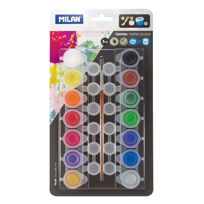 Milan Pack de 14 Tarros de Tempera 5 ml + 12 Botes para