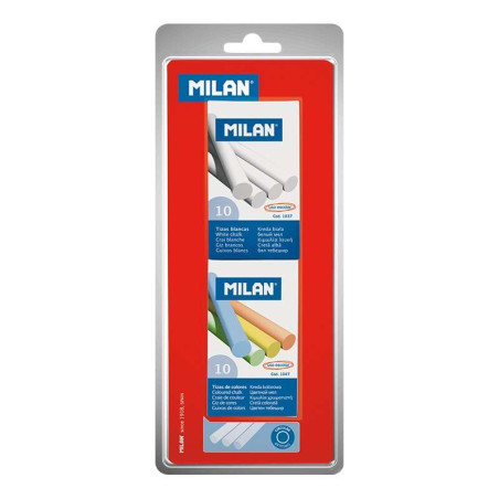Milan Pack de 2 Cajas de 10 Tizas, 1xCaja Tizas Blancas, 1x Caja Tizas Colores