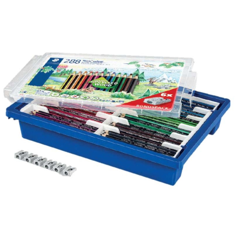 Staedtler Noris Colour 185 Contenedor de Plastico Rigido con 288 Lapices Hexagonales de Colores + 6 Sacapuntas de Regalo