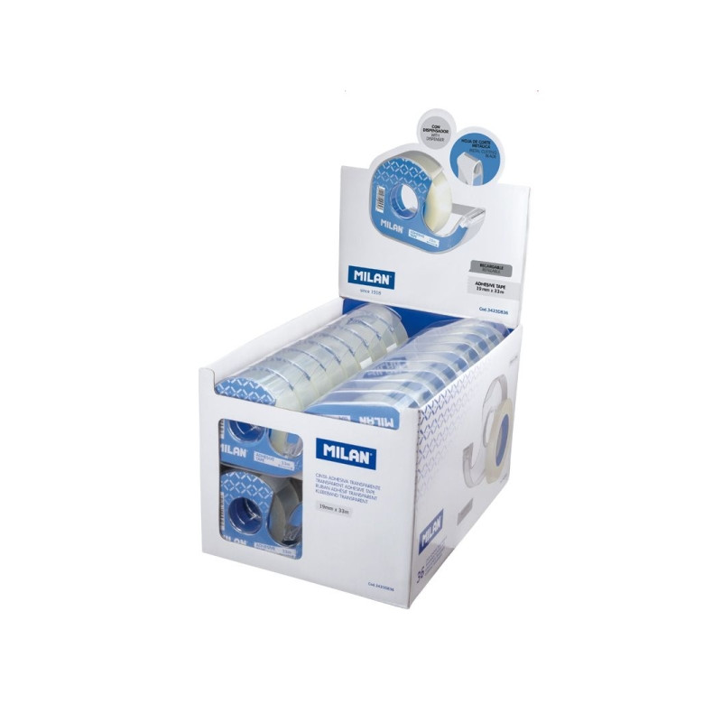 Milan Expositor de 36 Cintas Adhesivas Transparentes con Dispensador