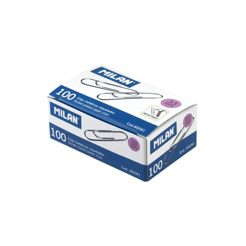 Milan Caja de 100 Clips Labiados Niquelados 33mm