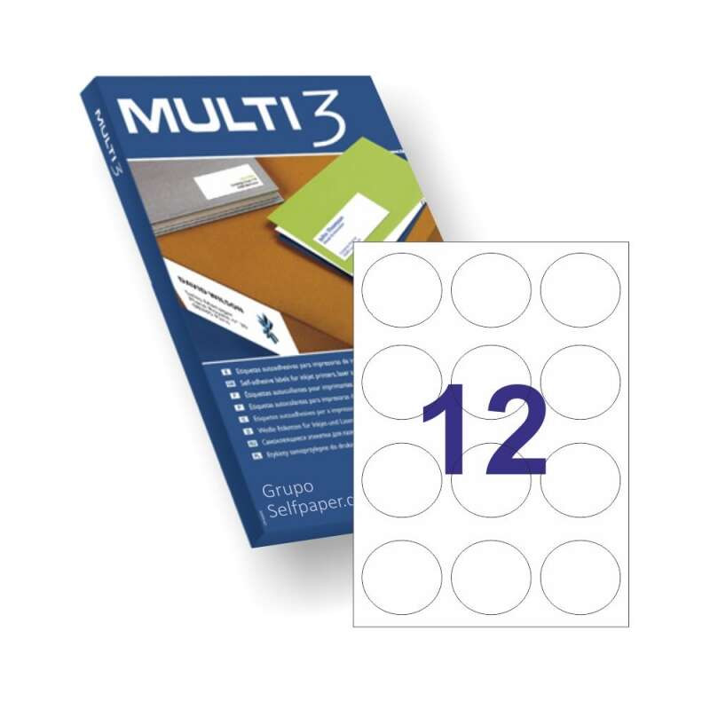Multi3 Pack de 1200 Etiquetas Redondas 60mm de Diametro Blanco 100 Hojas x 12 Etiquetas - Aptas