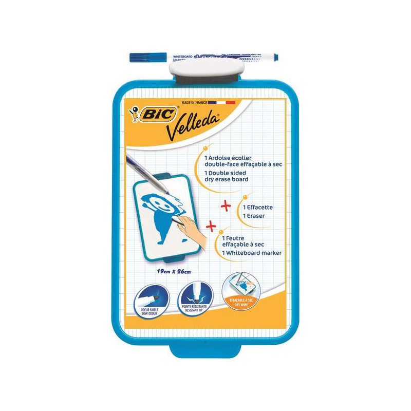 Bic Velleda Pizarra Escolar Dos Superficies Blanca y Milimetrada + 1 Marcador Velleda Azul + 1 Borrador