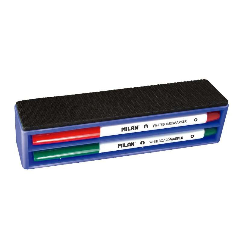 Milan Pack de Borrador Magnetico + 4 Rotuladores para Pizarra Blanca Azul Punta Redonda 3.7 mm