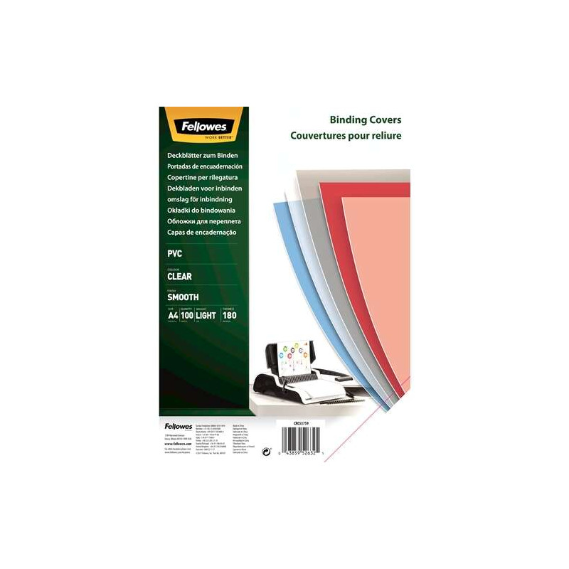 Fellowes Pack de 100 Portadas para Encuadernar de PVC A4 180 Micras