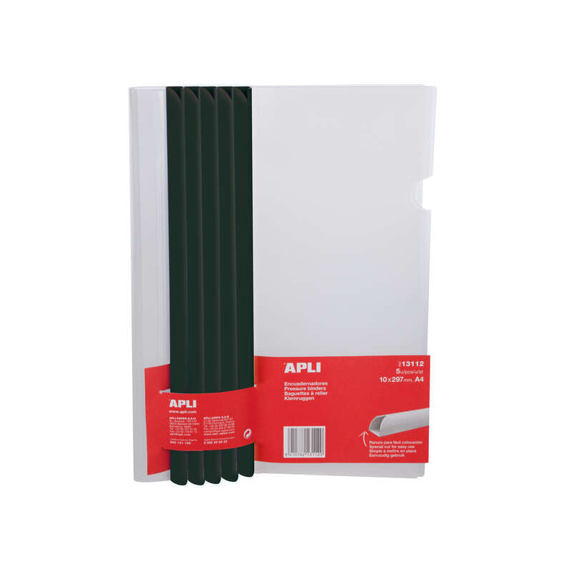 Apli Pack de 5 Encuadernadores Deslizantes 10 x 297mm con Funda Transparente