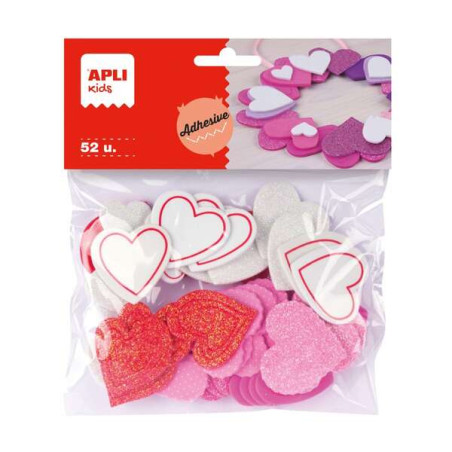 Apli Pack de 52 Corazones Adhesivos de Goma Eva con Acabado Purpurina