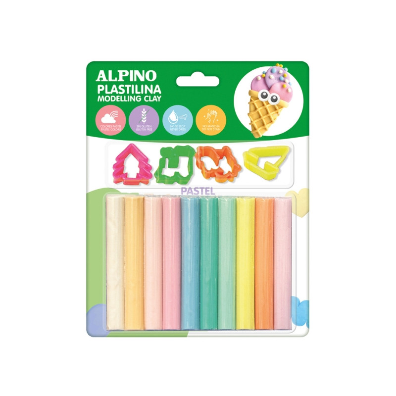 Alpino Pack con 10 Barras de Plastilina 17gr + 4 Moldes