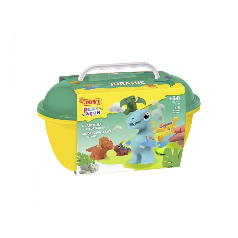 Jovi Play & Fun Cofre Jurassic con 24 Barras de Plastilina 15gr + Modeladores + Recortables