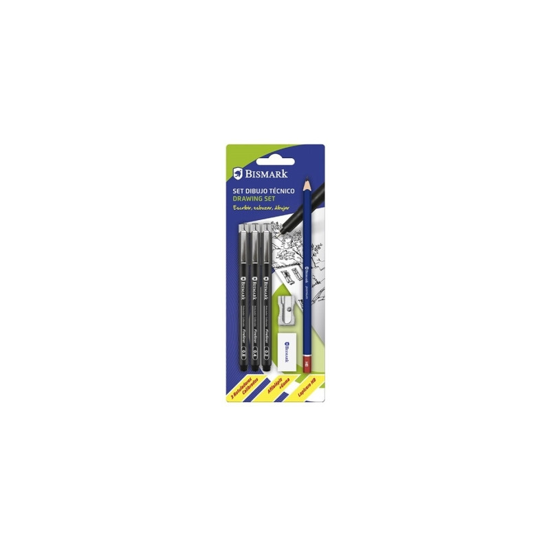 Bismark Pack Escolar con 3 Rotuladores Calibrados Color Negro 0.2, 0.4, 0.8mm, Lapicero HB, Goma, Afilalapiz