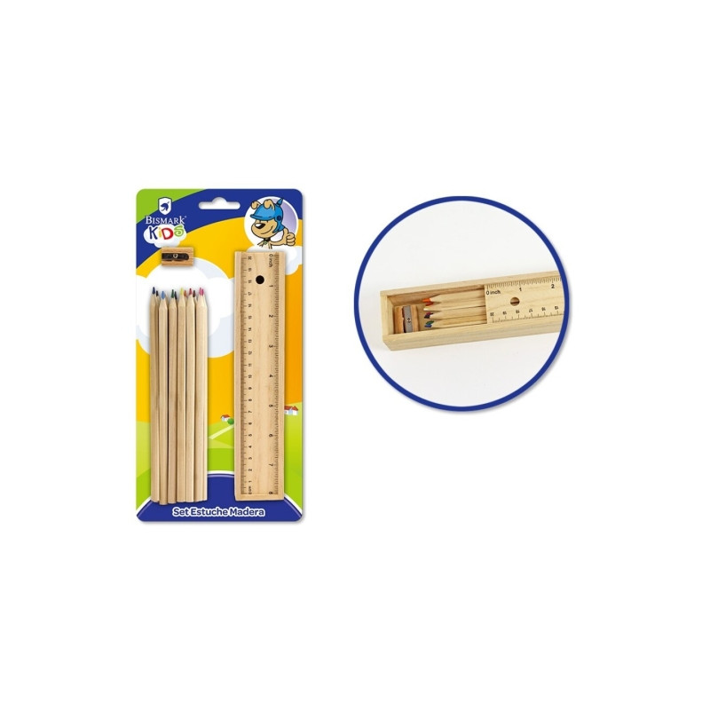 Bismark Pack Escolar con Estuche de Madera con Tapa Regla, 12 Lapices de Colores y Sacapuntas