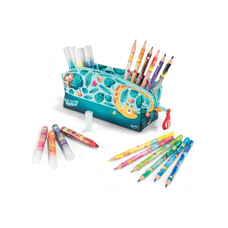 Maped Jungle Fever Bebes Estuche de Tela con 12 Lapices de Colores Jumbo Jungle Fever (A partir de 2 años) y 12 Rotuladores de