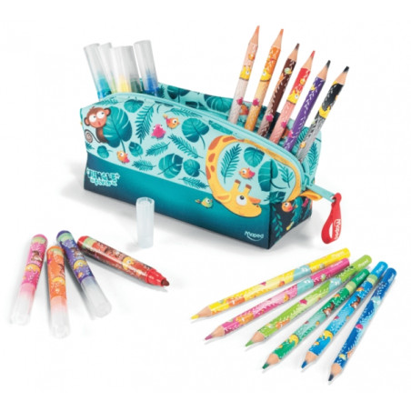 Maped Jungle Fever Bebes Estuche de Tela con 12 Lapices de Colores Jumbo Jungle Fever (A partir de 2 años) y 12 Rotuladores de
