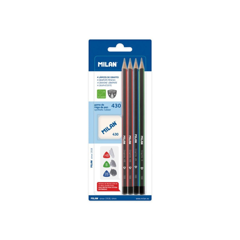 Milan Pack de 4 Lapices + Goma de Borrar 430