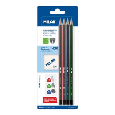 Milan Pack de 4 Lapices + Goma de Borrar 430