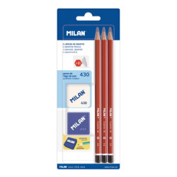 Milan Pack de 3 Lapices HB + Sacapuntas + Goma de Borrar 430