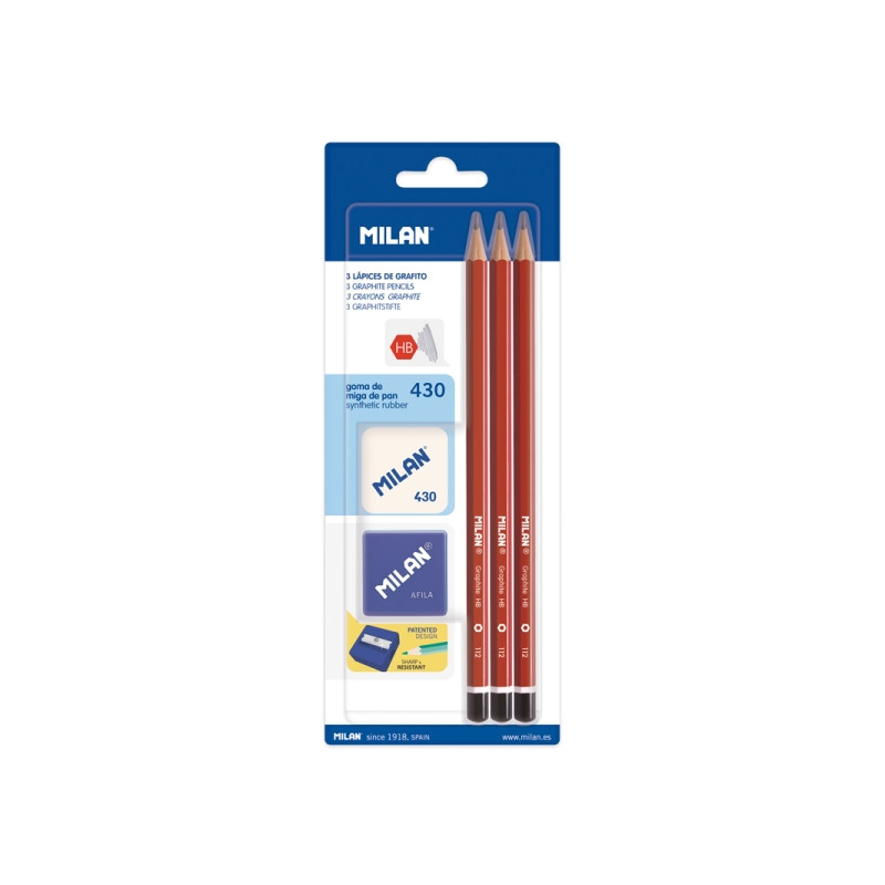 Milan Pack de 3 Lapices HB + Sacapuntas + Goma de Borrar 430