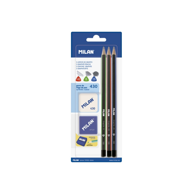 Milan Pack de 3 Lapices + Sacapuntas + Goma de Borrar