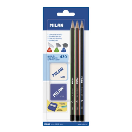 Milan Pack de 3 Lapices + Sacapuntas + Goma de Borrar