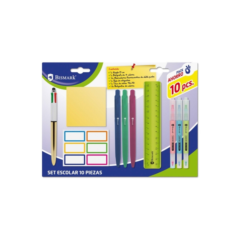 Bismark Pack Escolar con Regla Flexible 15cm, Boligrafo 4 Colores, 3 Marcadores Fluorescentes Doble Punta, Taco Notas Adhesivas