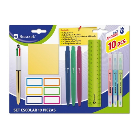 Bismark Pack Escolar con Regla Flexible 15cm, Boligrafo 4 Colores, 3 Marcadores Fluorescentes Doble Punta, Taco Notas Adhesivas