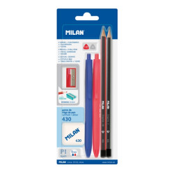 Milan P1 Touch Pack de 2 Boligrafos + 2 Lapices + Goma 430 + Sacapuntas Surtido Tinta Azul y Roja