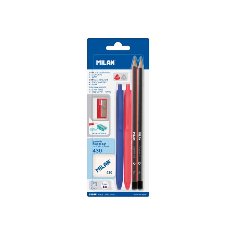 Milan P1 Touch Pack de 2 Boligrafos + 2 Lapices + Goma 430 + Sacapuntas Surtido Tinta Azul y Roja