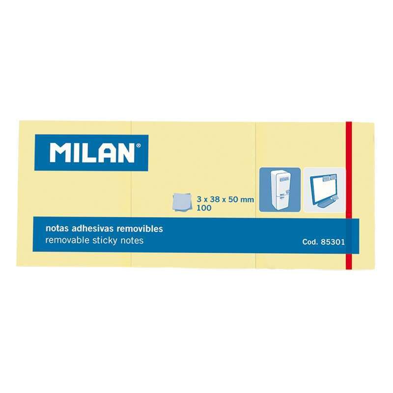 Milan Pack de 3 Blocs de 100 Notas Adhesivas Removibles