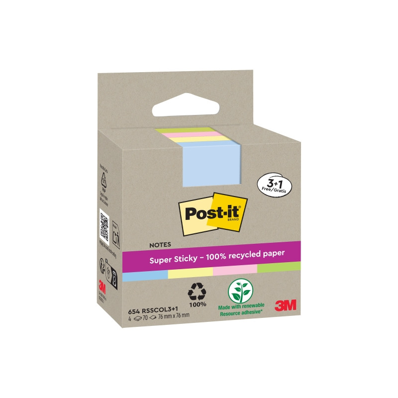 Post-it Super Sticky Pack de 4 Blocs de 70 Notas Adhesivas Recicladas