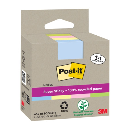 Post-it Super Sticky Pack de 4 Blocs de 70 Notas Adhesivas Recicladas