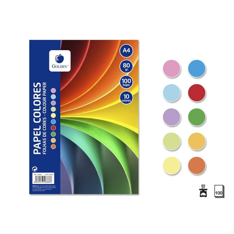 Golden Pack con 100 Hojas de Papel de Colores A4 80gr