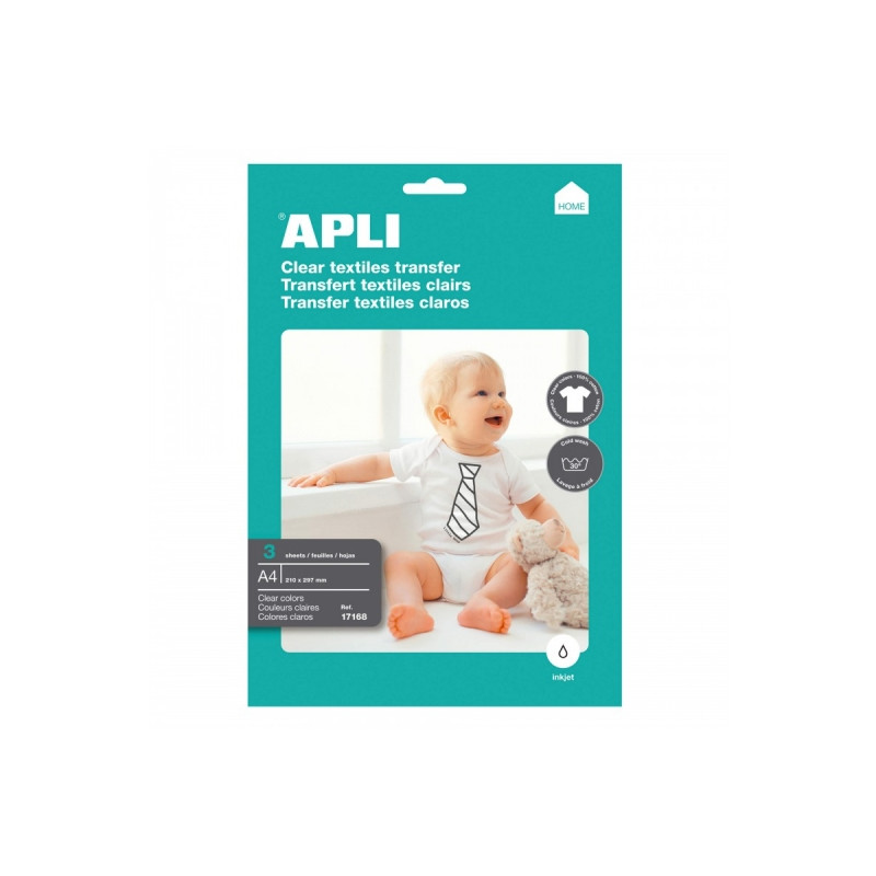 Apli Pack de 3 Hojas de Papel Transfer para Impresoras Inkjet Varios Ideal para Prendas Blancas y