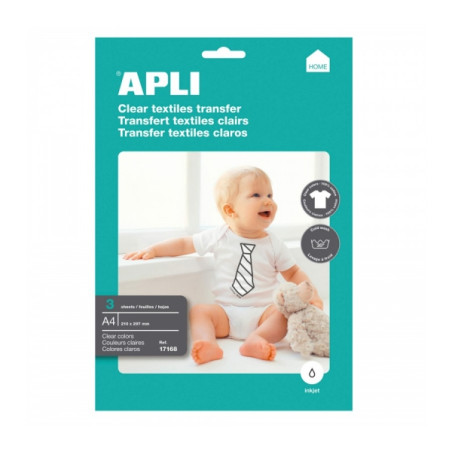 Apli Pack de 3 Hojas de Papel Transfer para Impresoras Inkjet Varios Ideal para Prendas Blancas y