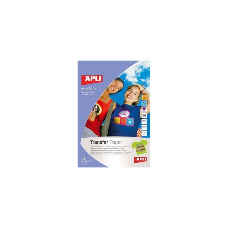 Apli Pack de 5 Hojas de Papel Transfer para Impresoras Inkjet Varios Ideal para Prendas de Color