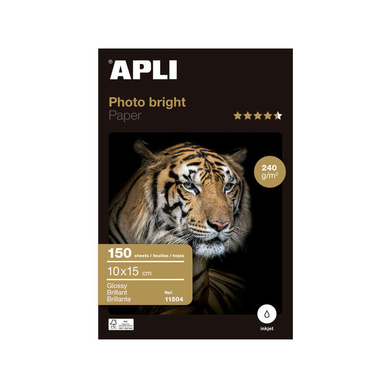 Apli Pack de 150 Hojas de Papel Fotografico Photobright 10x15cm 240g Blanco Acabado Brillante