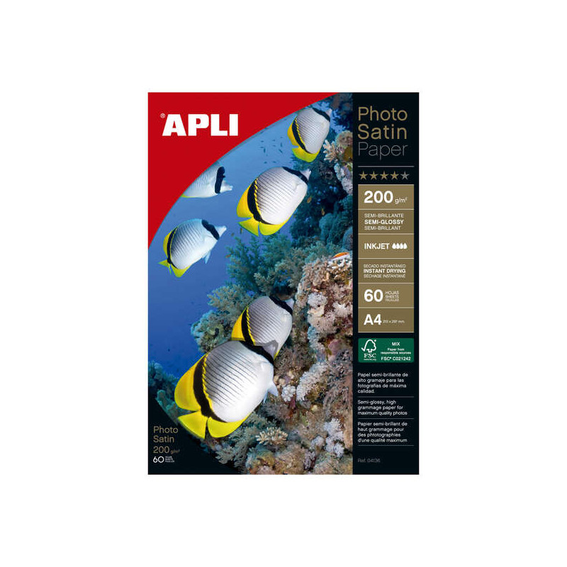Apli Photosatin Pack de 60 Hojas de Papel Fotografico A4 200gr Blanco Acabado Semibrillante - Apto