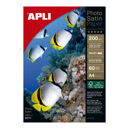 Apli Photosatin Pack de 60 Hojas de Papel Fotografico A4 200gr Blanco Acabado Semibrillante - Apto