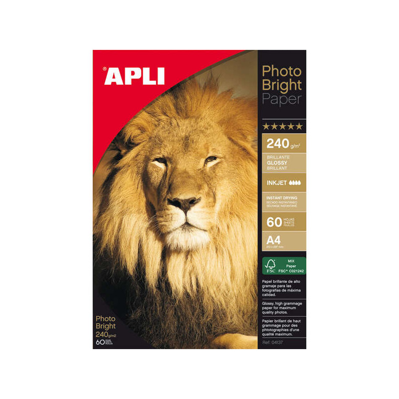 Apli Pack de 60 Hojas de Papel Fotografico Photobright A4 240g/m²