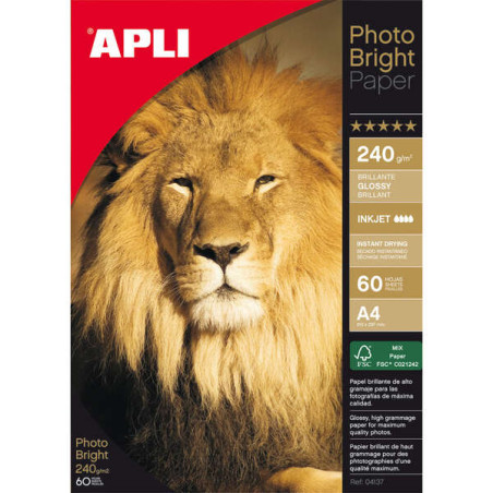 Apli Pack de 60 Hojas de Papel Fotografico Photobright A4 240g/m²