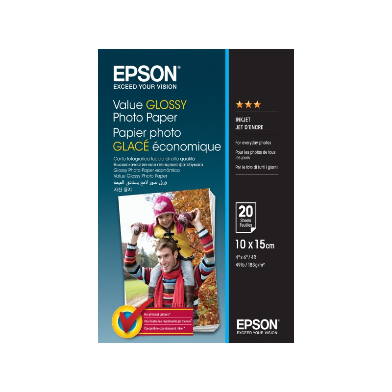 Epson Value Glossy Photo Pack de 20 Hojas de Papel Fotografico Blanco 10x15cm - Gramaje de 183g/m2
