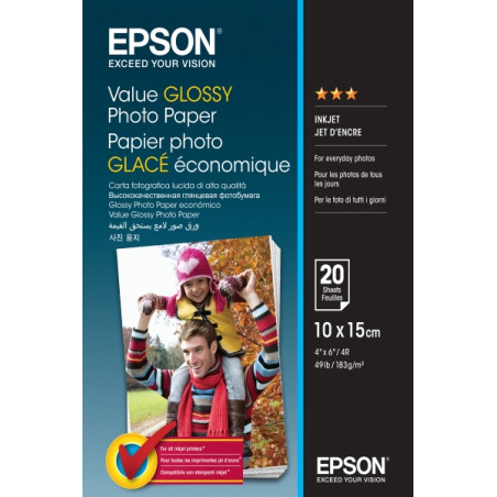 Epson Value Glossy Photo Pack de 20 Hojas de Papel Fotografico Blanco 10x15cm - Gramaje de 183g/m2