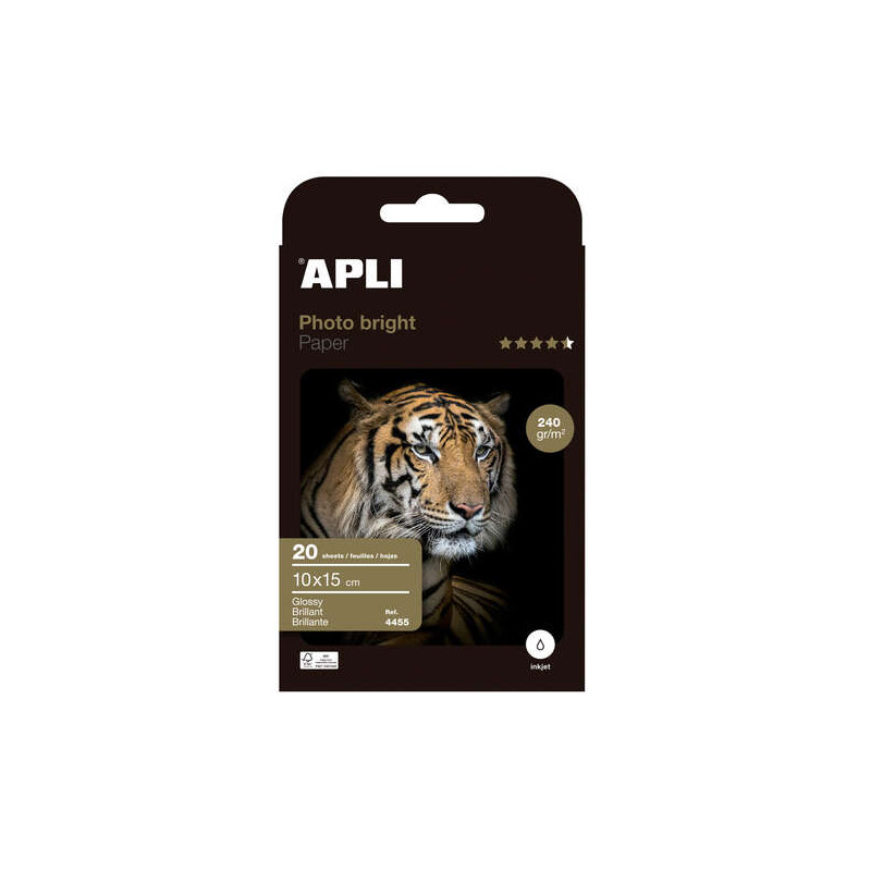 Apli Photobright Pack de 20 Hojas de Papel Fotografico 10x15cm 240g/m² Blanco Acabado Brillante