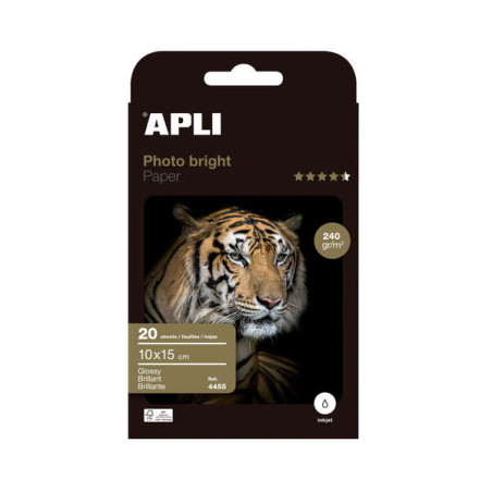 Apli Photobright Pack de 20 Hojas de Papel Fotografico 10x15cm 240g/m² Blanco Acabado Brillante