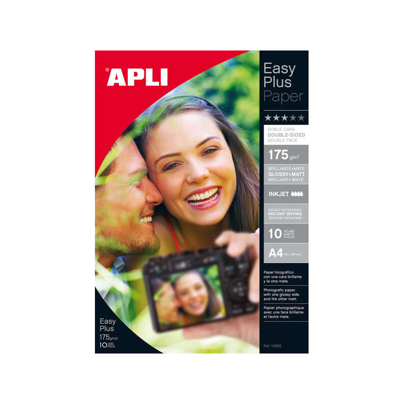 Apli Pack de 10 Hojas Papel Fotografico Photobright Doble Cara A4 175g