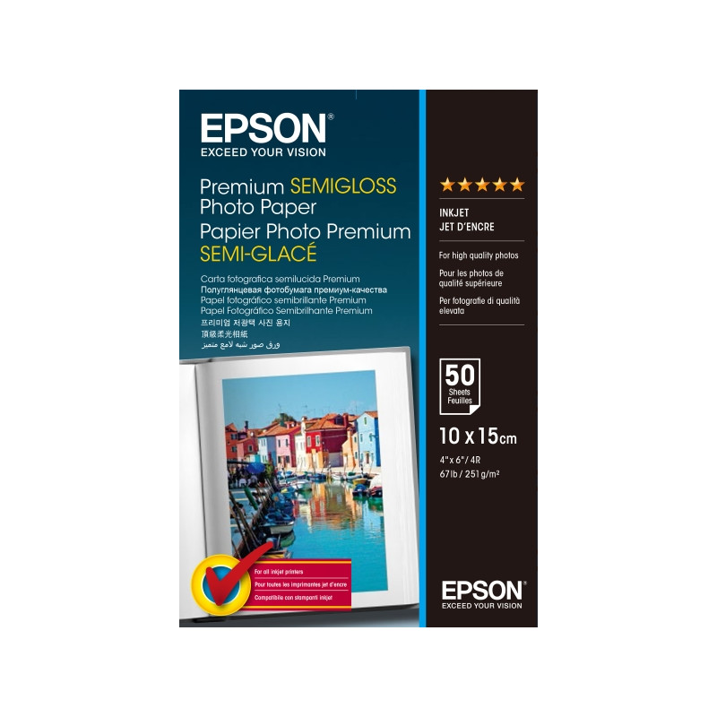 Epson Premium Semiglossy Photo Pack de 50 Hojas de Papel Fotografico Blanco 10x15cm - Gramaje de