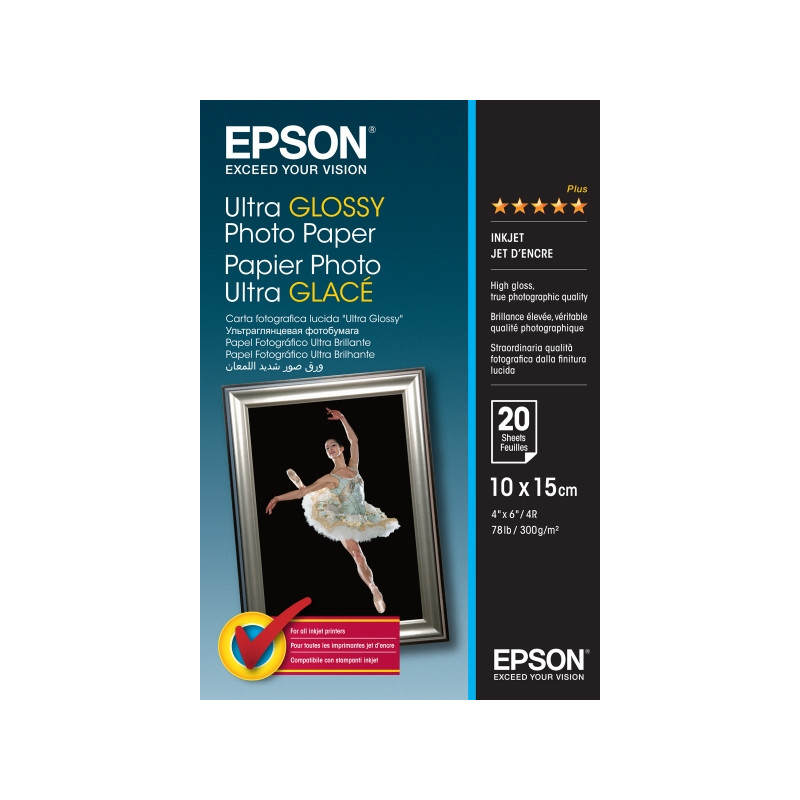 Epson Ultra Glossy Photo Pack de 20 Hojas de Papel Fotografico Blanco 10x15cm - Gramaje de 300g/m2