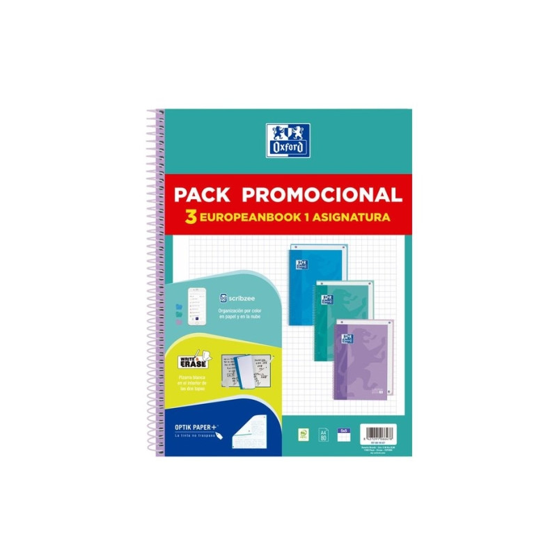 Oxford Europeanbook 1 Touch Pack de 3 Cuadernos Espiral Formato A4+ Cuadriculado 5x5mm