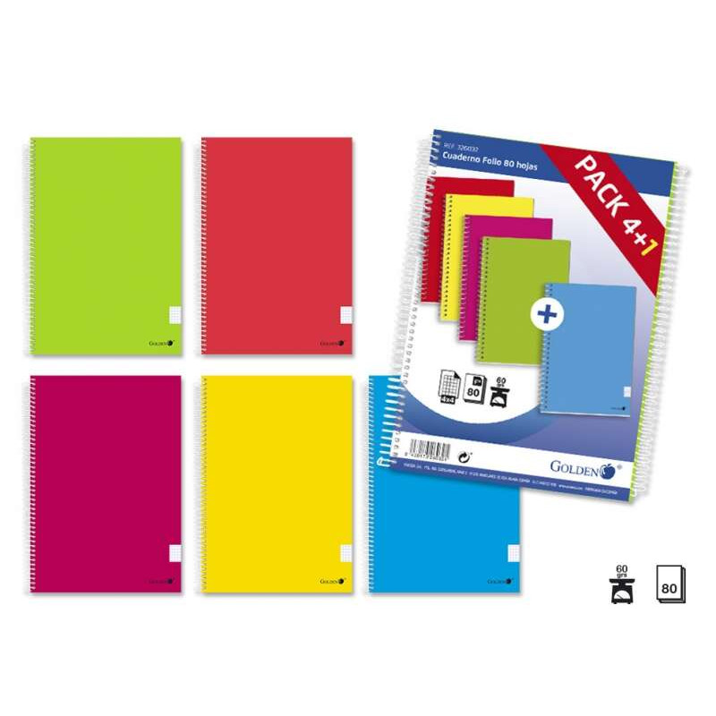 Golden Pack de 5 Cuadernos Espiral Folio 80 Hojas Cuadricula 4x4