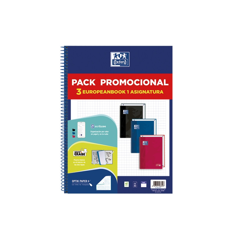 Oxford Europeanbook 1 Classic Pack de 3 Cuadernos Espiral Formato A4+ Cuadriculado 5x5mm